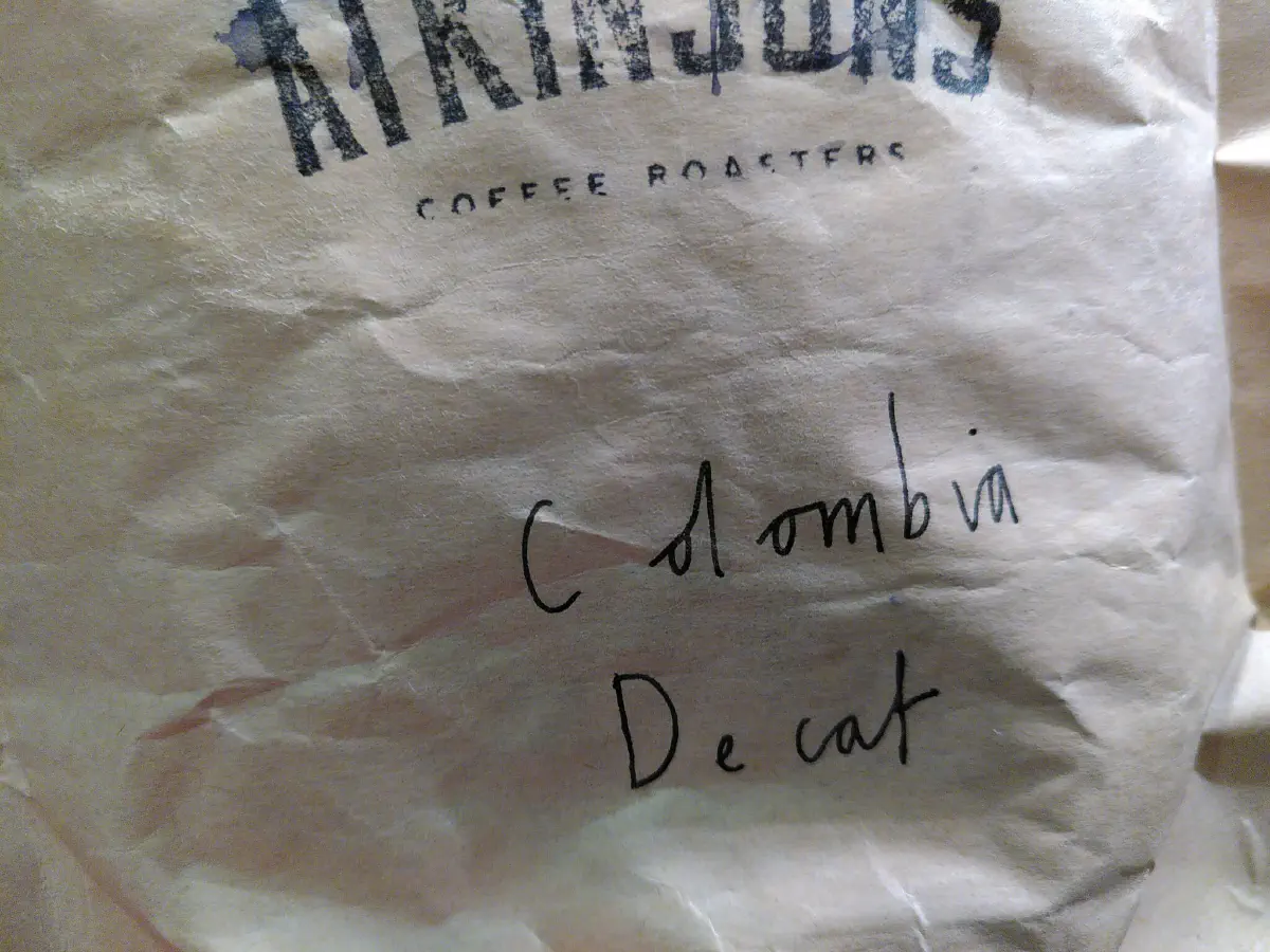 A bag of 'Colombian decaf' coffee