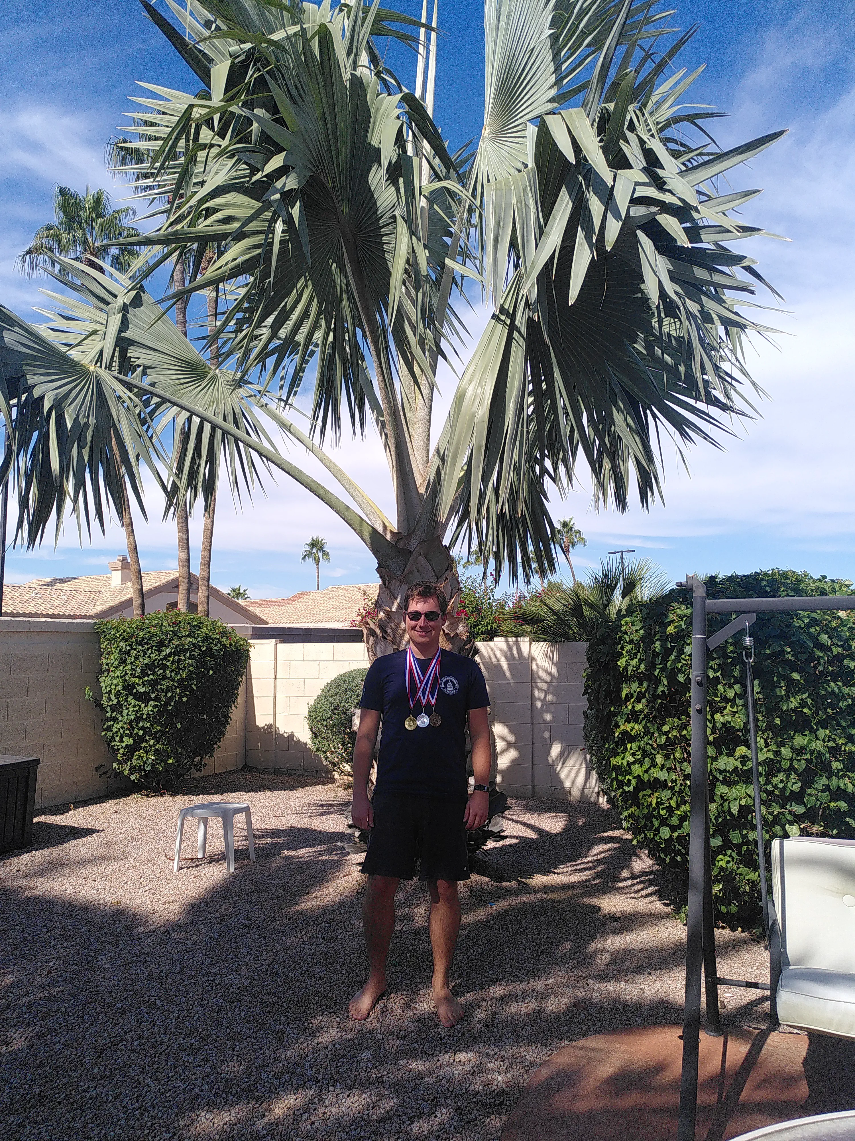 A man standing in front of a palm tree wearing three medals around his neck