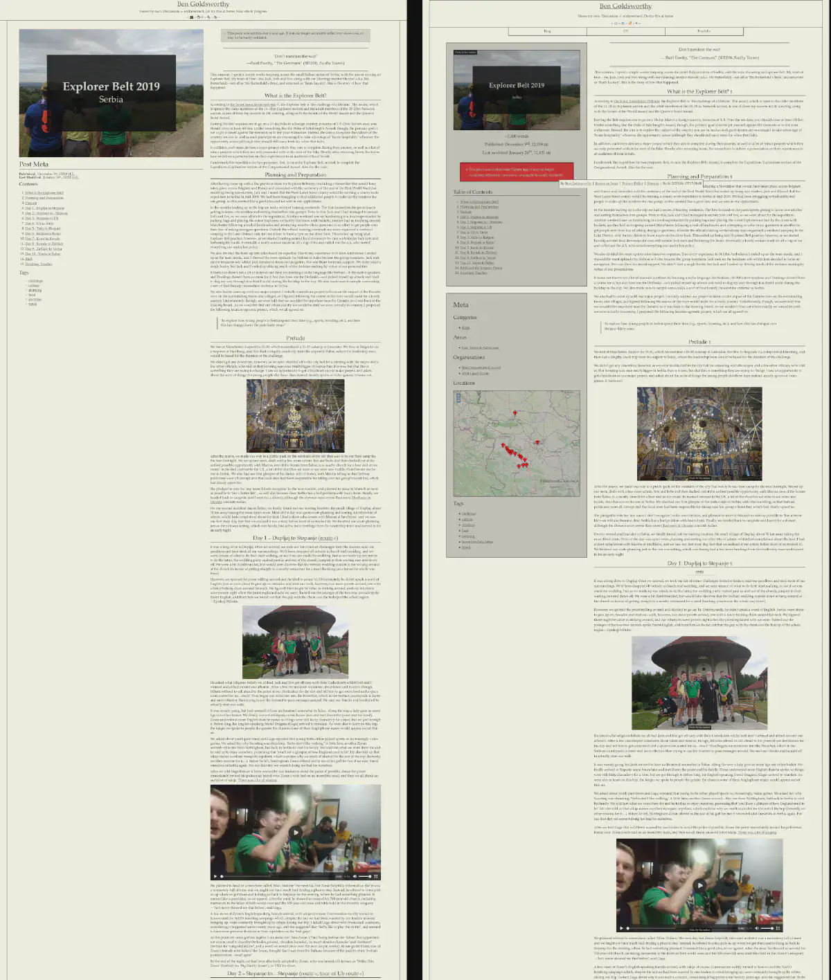 Two screenshots of the same post on both my old and new site