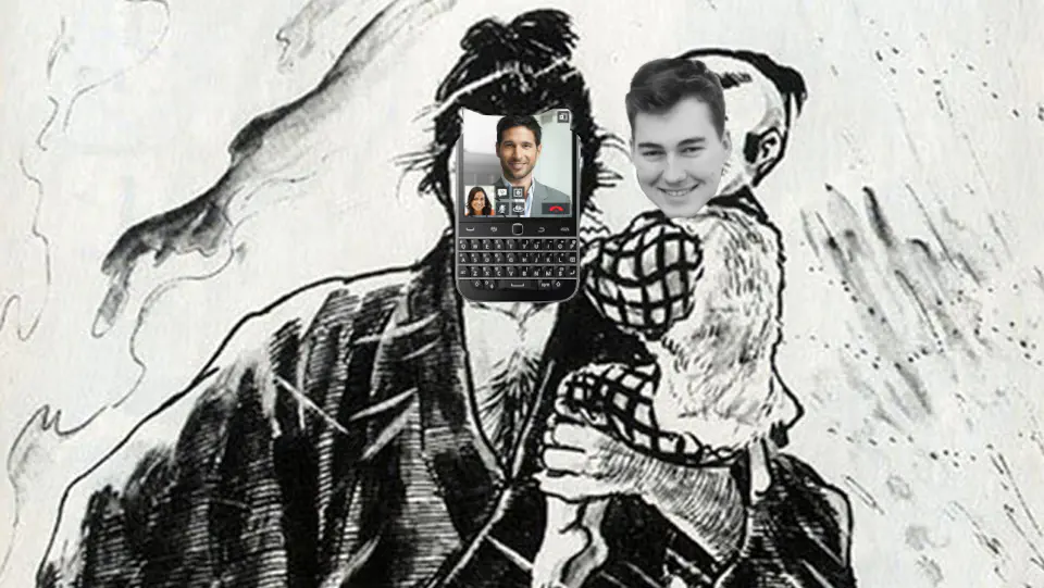 A man with a BlackBerry Classic for a face holding a baby with my face