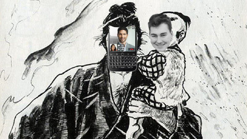 A man with a BlackBerry Classic for a face holding a baby with my face