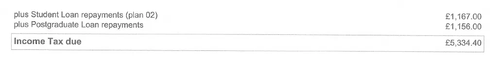 Tax calculation showing £1,167.00 and £1,156.00 in student loan repayments, resulting in a final Income Tax figure of £5,334.40