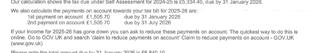 Tax calculation showing an estimate 2025--26 tax bill of £3,011.40, to be paid in two instalments of £1,505.70.