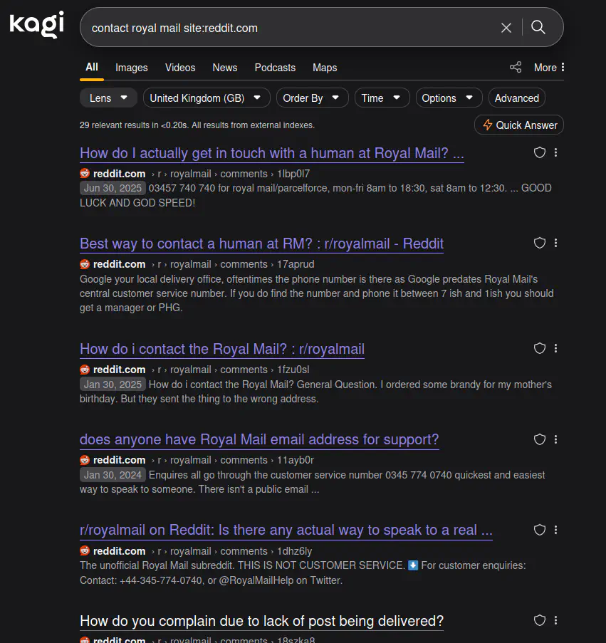 Search engine results for a search of "contact royal mail site:reddit.com", showing many results