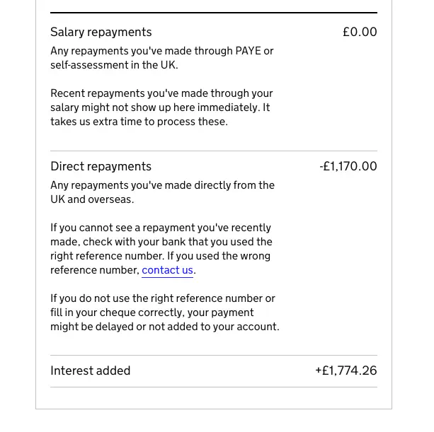 Student loan repayments showing £0.00 in automatic salary repayments, £1,170.00 in overseas direct repayments and £1,774.26 in accrued interest