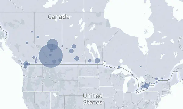 A map of the US–Canada border