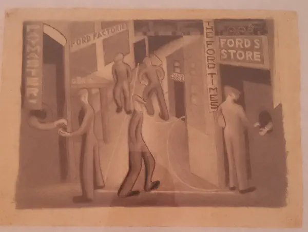 Men walking through a city comprised entirely of Ford-owned businesses in which they spend their pay