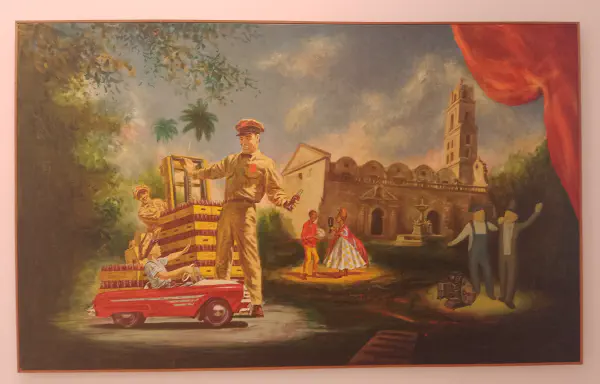 A boy in a toy car receives Coca-Cola from smiling deliverymen, a black couple dance in front of a church and a businessman and worker join arms in delight