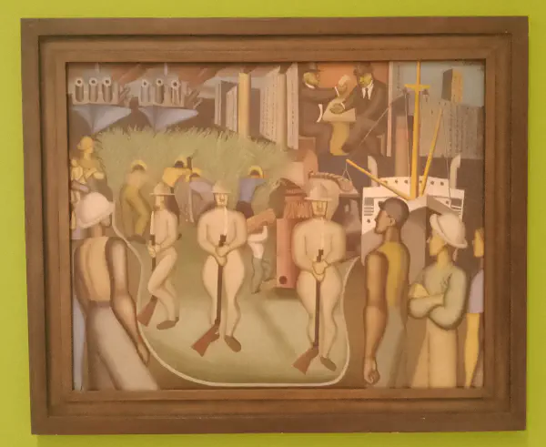 Soldiers stand guard over a group of campesinos working to make the bosses richer