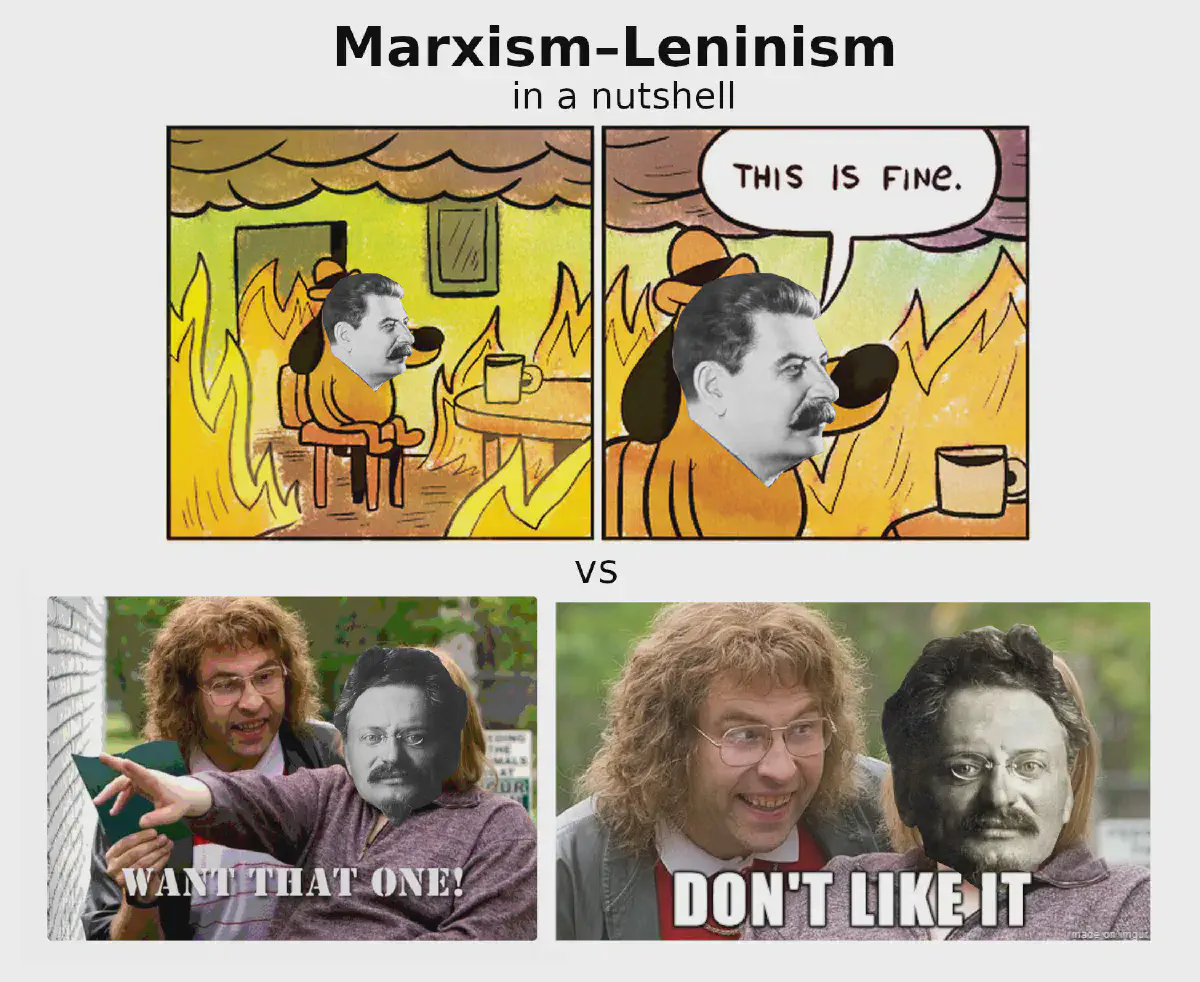 An image titled ‘Marxism–Leninism in a nutshell’ depicting Stalin in a burning building declaring that ‘this is fine’ and Trotsky declaring ‘I want that one’ followed by ‘I don't like it’