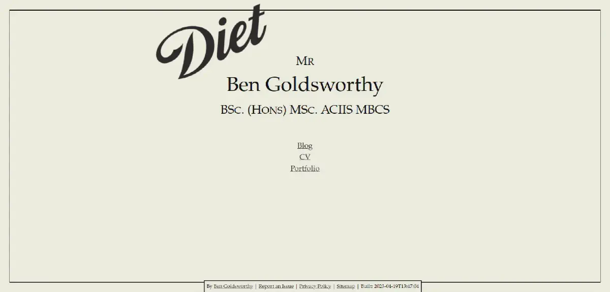 A screenshot of my new static site with 'Diet' over it