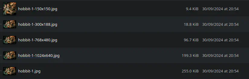 Five copies of the same files, ranging from full-size (225 KiB) down to 150×150 (9.4 KiB)