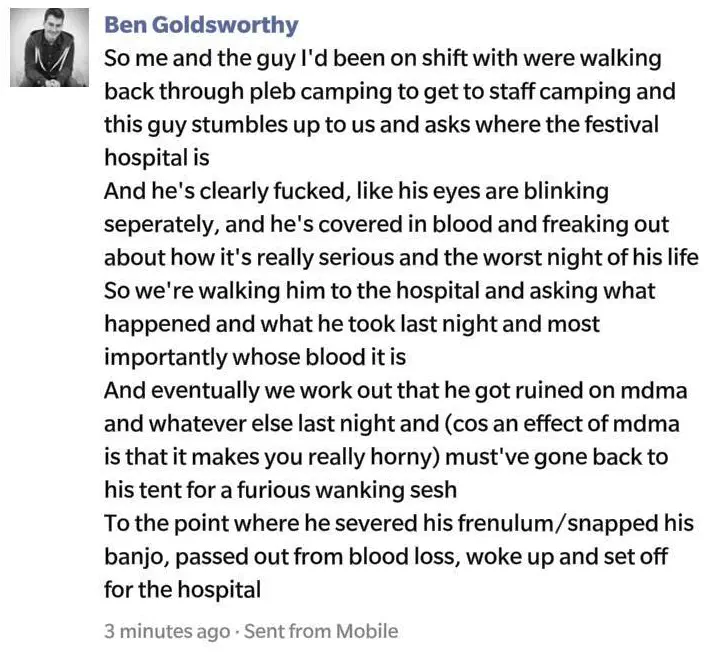 A Facebook message sent by me, which reads: ‘So me and the guy I'd been on shift with were walking back through pleb camping to get to staff camping and this guy stumbles up to us and asks where the festival hospital is. And he's clearly fucked, like his eyes are blinking separately, and he's covered in blood and freaking out about how it's really serious and the worst night of his life. So we're walking him to the hospital and asking what happened and what he took last night and most importantly whose blood it is. And eventually we work out that he got ruined on MDMA and whatever else last night and (cos an effect of MDMA is that it makes you really horny) must've gone back to his tent for a furious wanking sesh, to the point where he severed his frenulum/snapped his banjo, passed out from blood loss, woke up and set off for the hospital.’