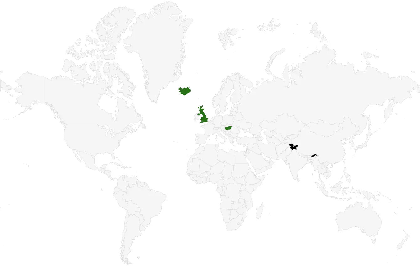 A map showing the following countries highlighted: the UK; Iceland; and Hungary.