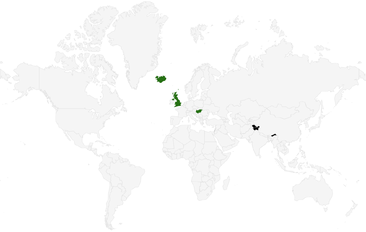 A map showing the following countries highlighted: the UK; Iceland; and Hungary.