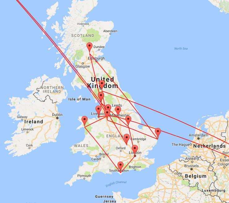 A detail of the map showing a route between the UK, Iceland and Hungary, showing only the UK section.