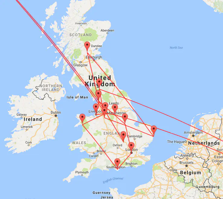 A detail of the map showing a route between the UK, Iceland and Hungary, showing only the UK section.