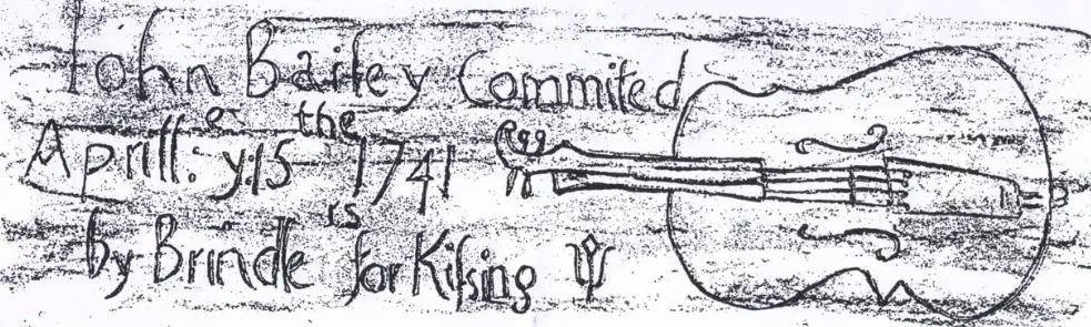 An engraving of a violin alongside a message reading 'John Bailey commited Aprill: e y:15 the 1741 by Brindle RS for Kiſsing'
