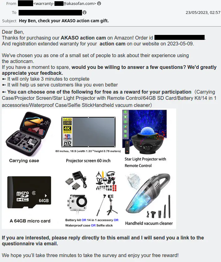 An email offering a selection of free rewards in exchange for completing a survey