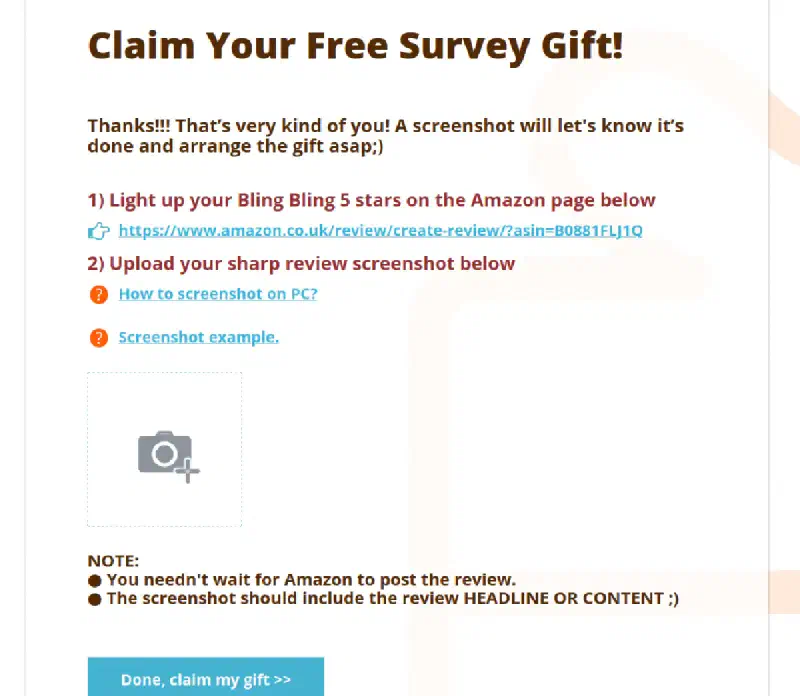A survey completion screen telling me to add a 5-star review for a product on Amazon