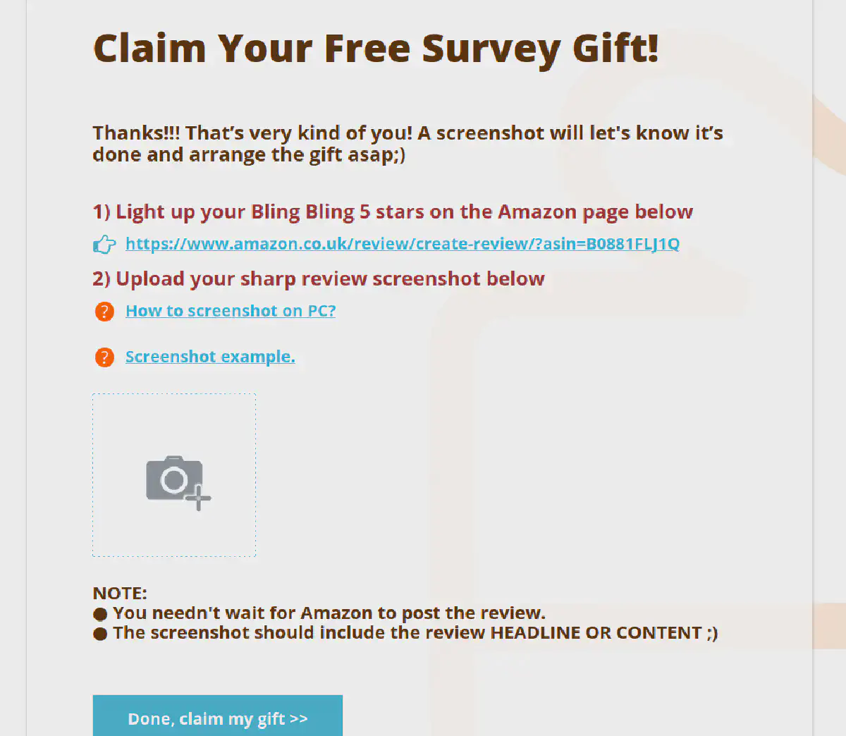 A survey completion screen telling me to add a 5-star review for a product on Amazon