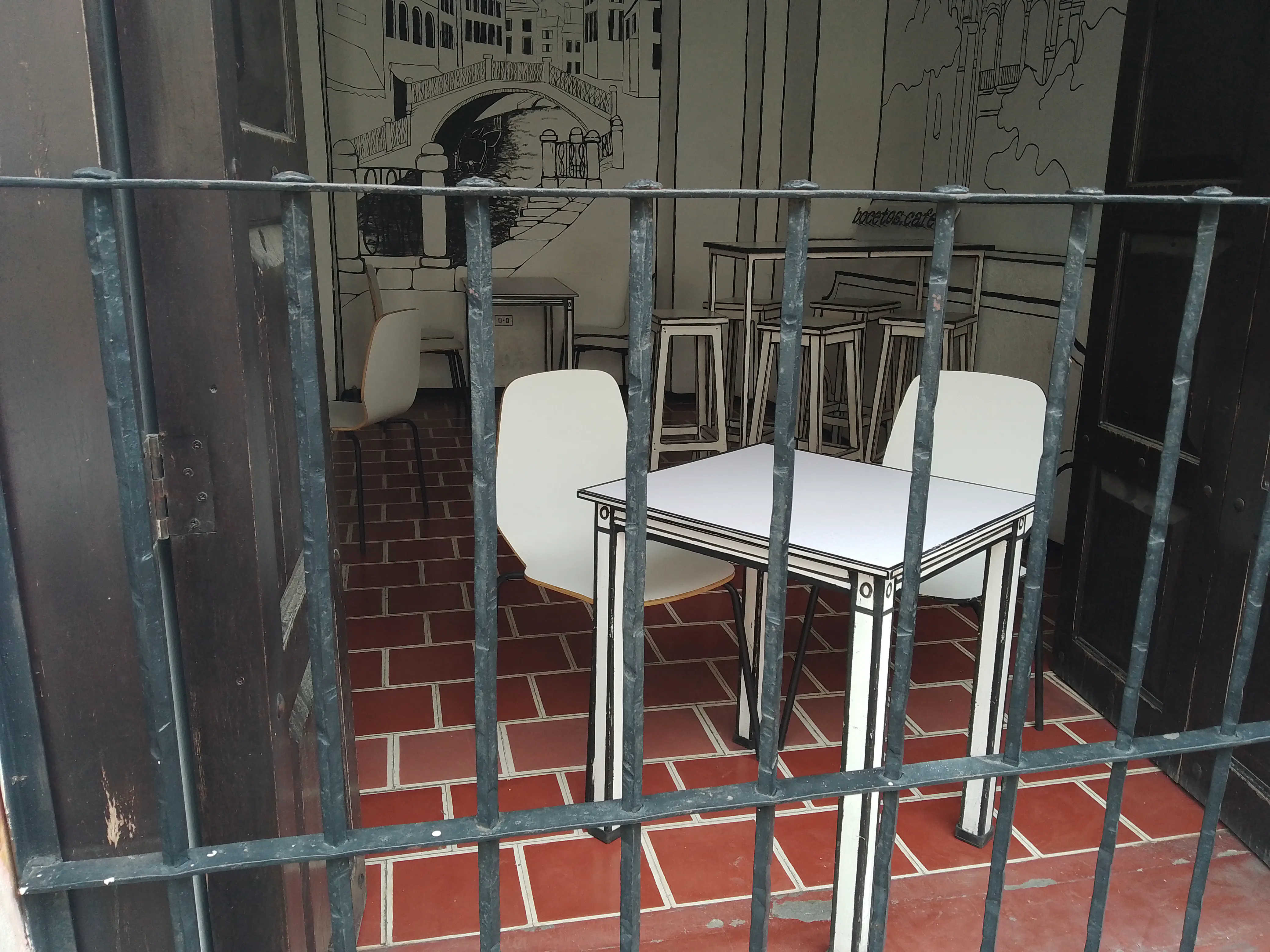 A café with furniture painted to resemble a comic book