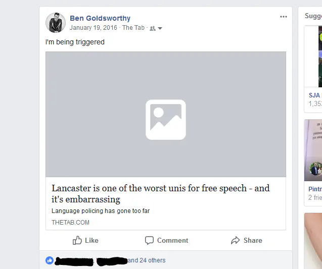 Me sharing an article on Facebook with the caption 'I'm being triggered'