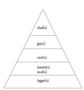 A pyramid showing, from top to bottom: 'chad(s)'; 'guy(s)'; 'cuck(s)'; 'manlet(s)' and 'incel(s)'; and 'faggot(s)'
