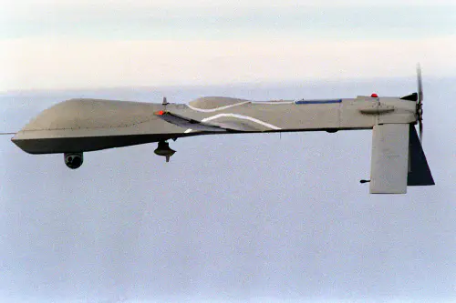 Predator Unmanned Aerial Vehicle (UAV) flies on a simulated Navy aerial reconnaissance flight near the aircraft carrier USS Carl Vinson (CVN 70) off the coast of southern California on Dec. 5, 1995.