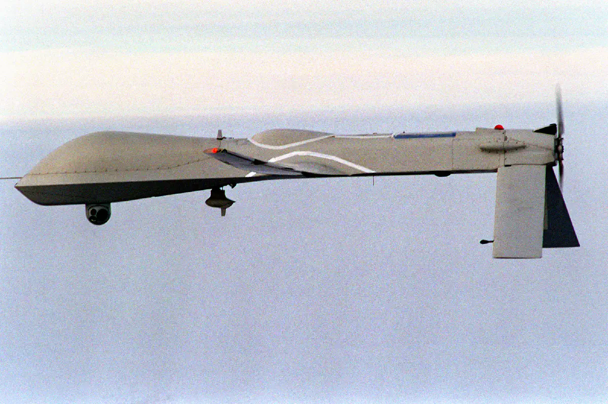 Predator Unmanned Aerial Vehicle (UAV) flies on a simulated Navy aerial reconnaissance flight near the aircraft carrier USS Carl Vinson (CVN 70) off the coast of southern California on Dec. 5, 1995.