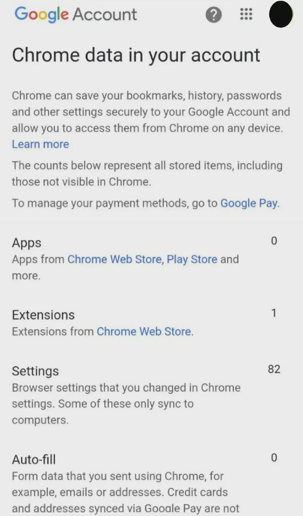 A screenshot of the Google Account ‘Chrome data in your account’ page, showing 0 Apps, 1 Extension, 82 Settings and 0 Auto-fills.