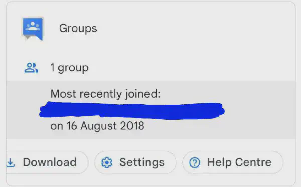 A screenshot of the Google Account Groups page, showing 1 group joined in mid-2018.