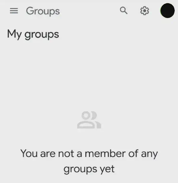 A screenshot of the Google Account My Groups page, showing a message reading ‘You are not a member of any groups yet’