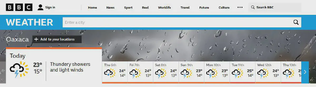 A weather forecast, showing cloudy stormy sunshine for the entire coming week