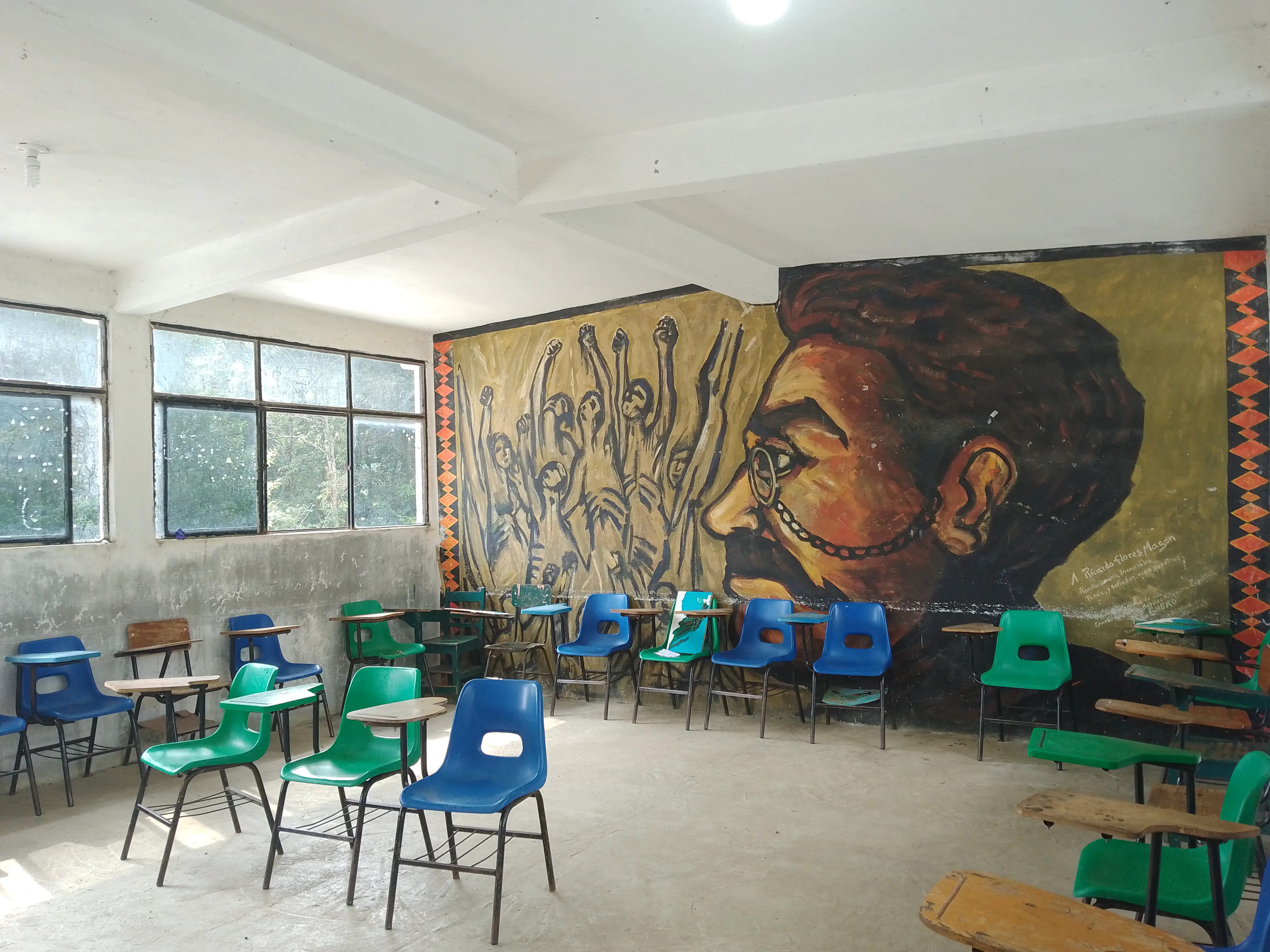 Classroom with mural of Ricardo Flores Magón