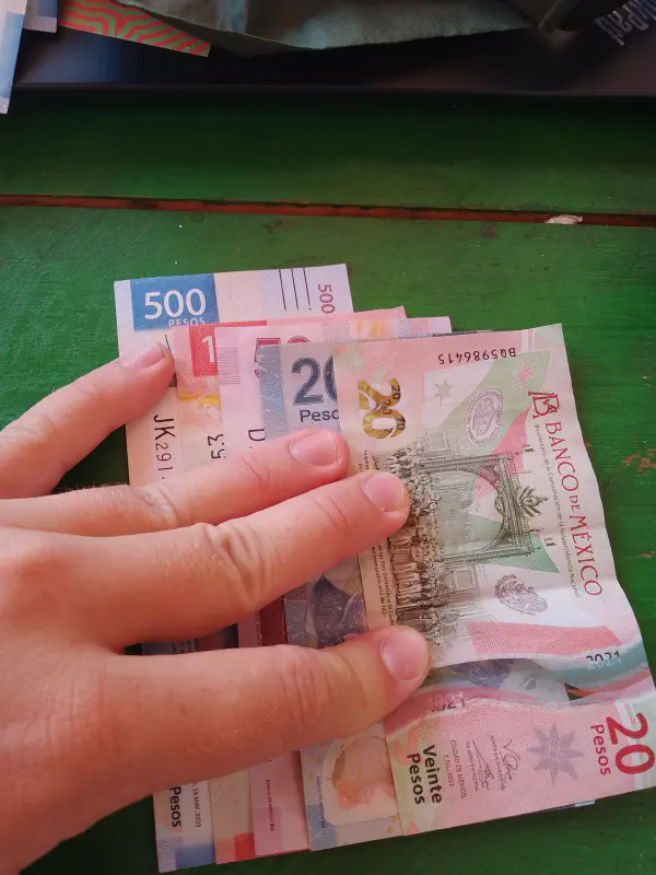 Several denominations of Mexican pesos showing their different dimensions