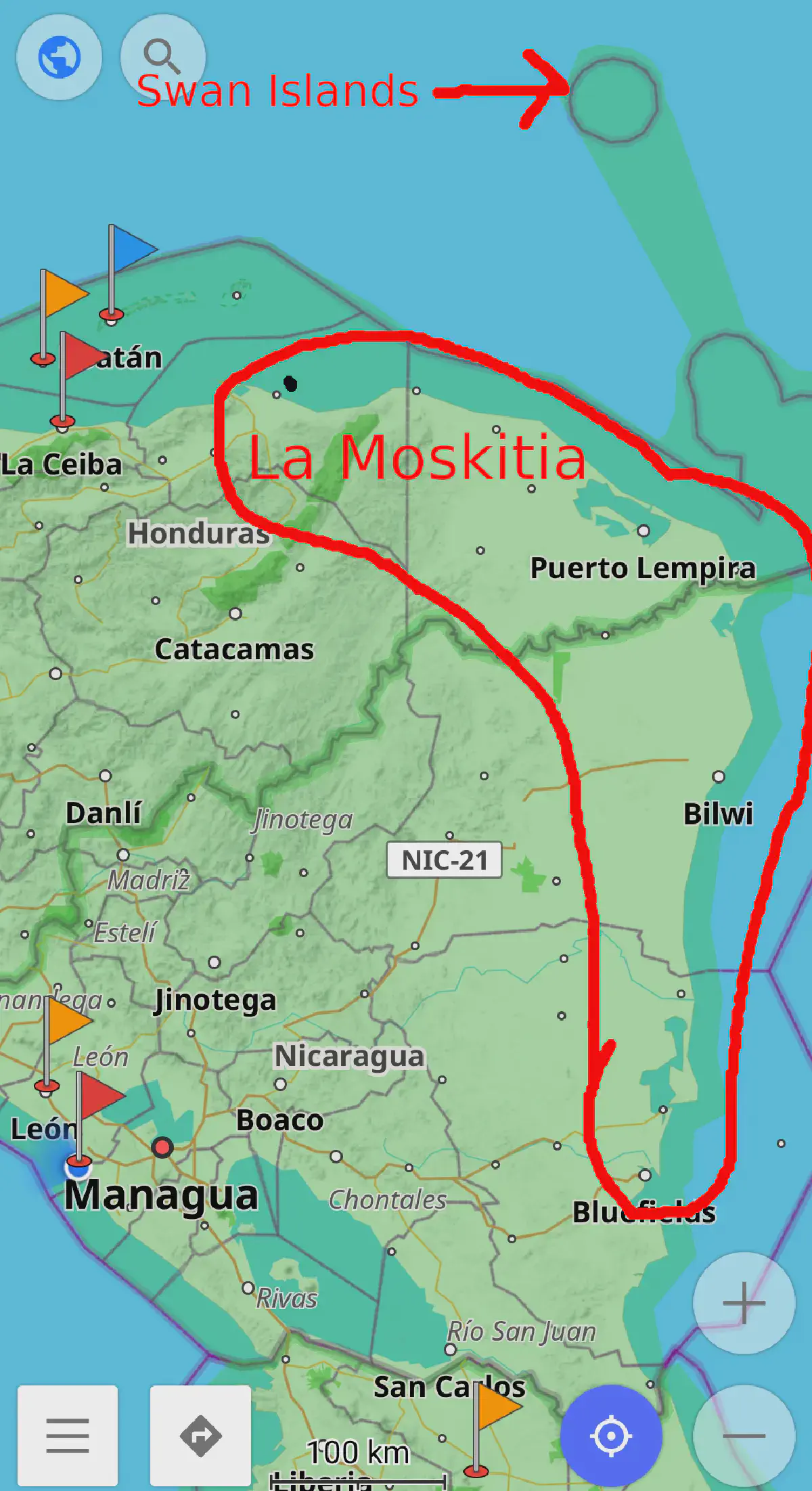A map with the the Moskitia region of Honduras and Nicaragua circled, along with the Swan Islands off the coast