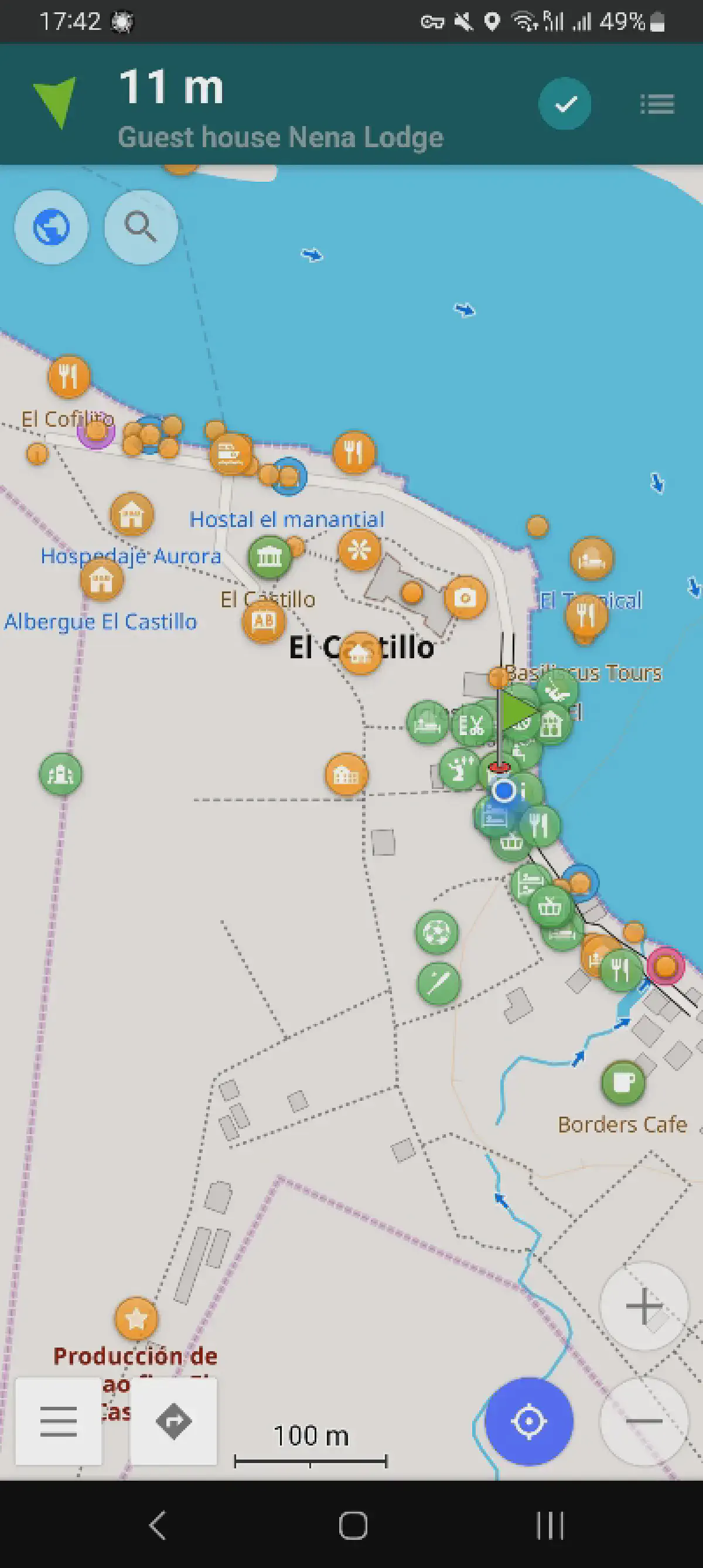 A screenshot of El Castillo on the OSMAnd mapping app, showing several newly-created and -modified points of interest