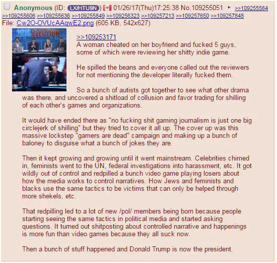 A poster on /pol/ explains how Gamergate let to President Trump.