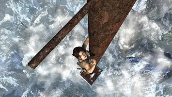 Lara Croft climbing a radio mast
