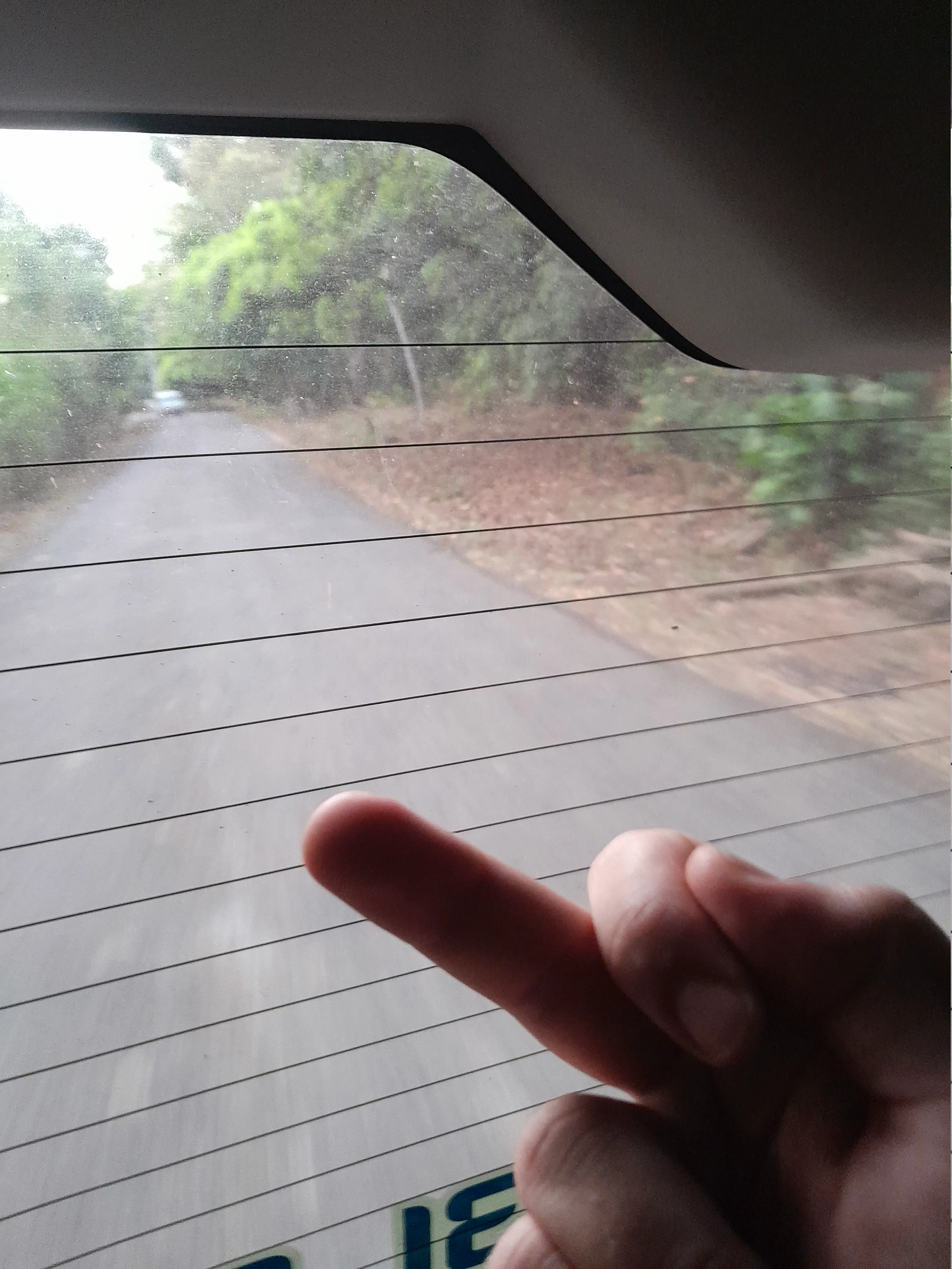 The author sticking his middle finger out of the back window of a minibus