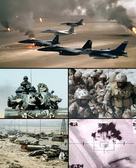 Clockwise from top: USAF F-15Es, F-16s, and a F-15C flying over burning Kuwaiti oil wells; British troops from the Staffordshire Regiment in Operation Granby; camera view from a Lockheed AC-130; the Highway of Death; M728 Combat Engineer Vehicle
