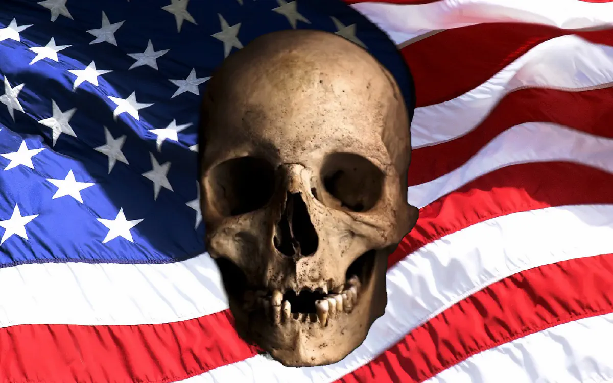 A human skull over a US flag
