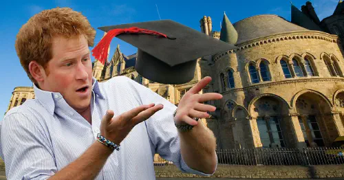 Prince Harry tossing a graduation cap in front of a university building
