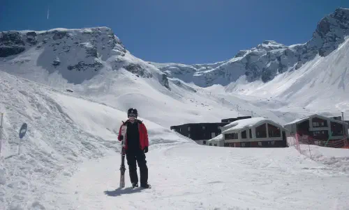 The author skiing