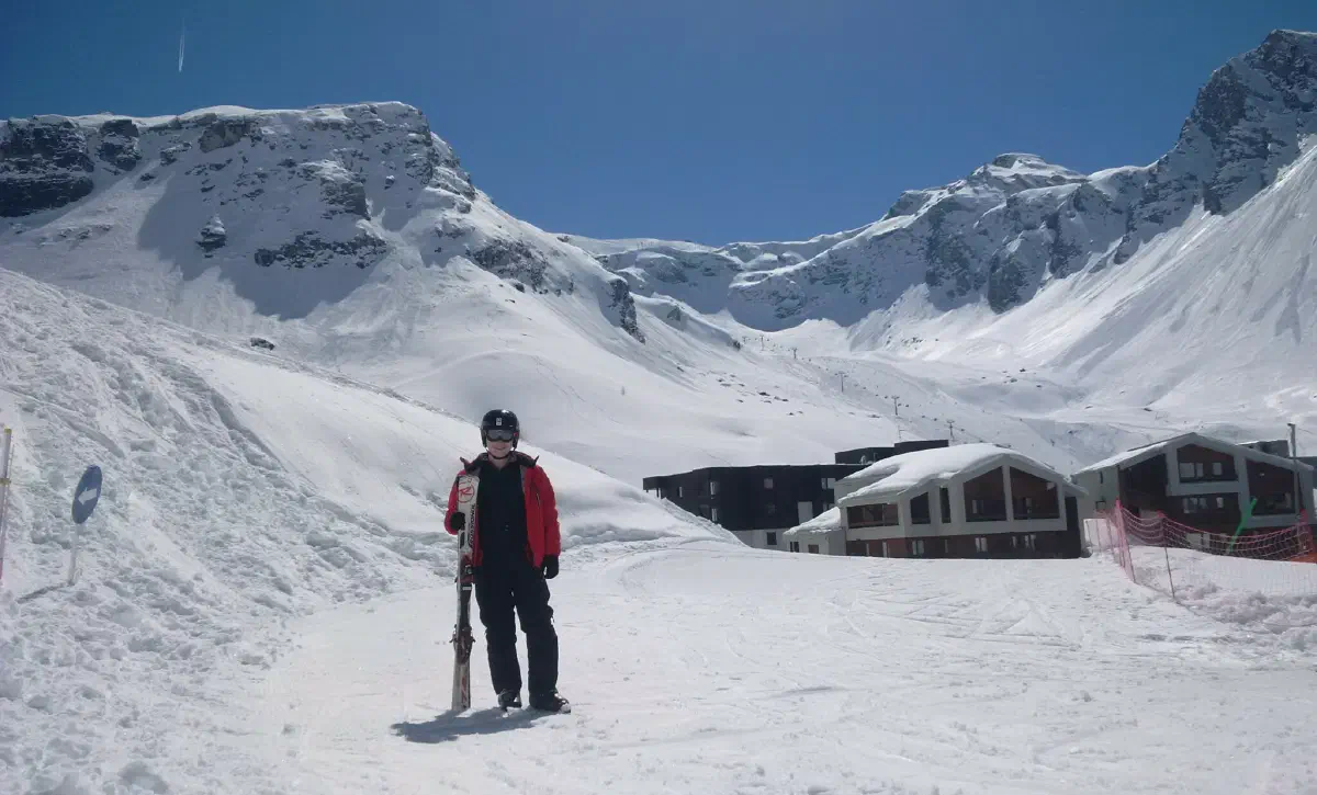 The author skiing