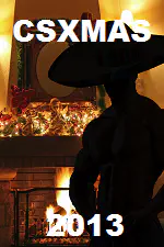 A silhouetted man with a large hat, standing in front of a Christmas-themed fireplace