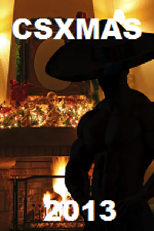 A silhouetted man with a large hat, standing in front of a Christmas-themed fireplace