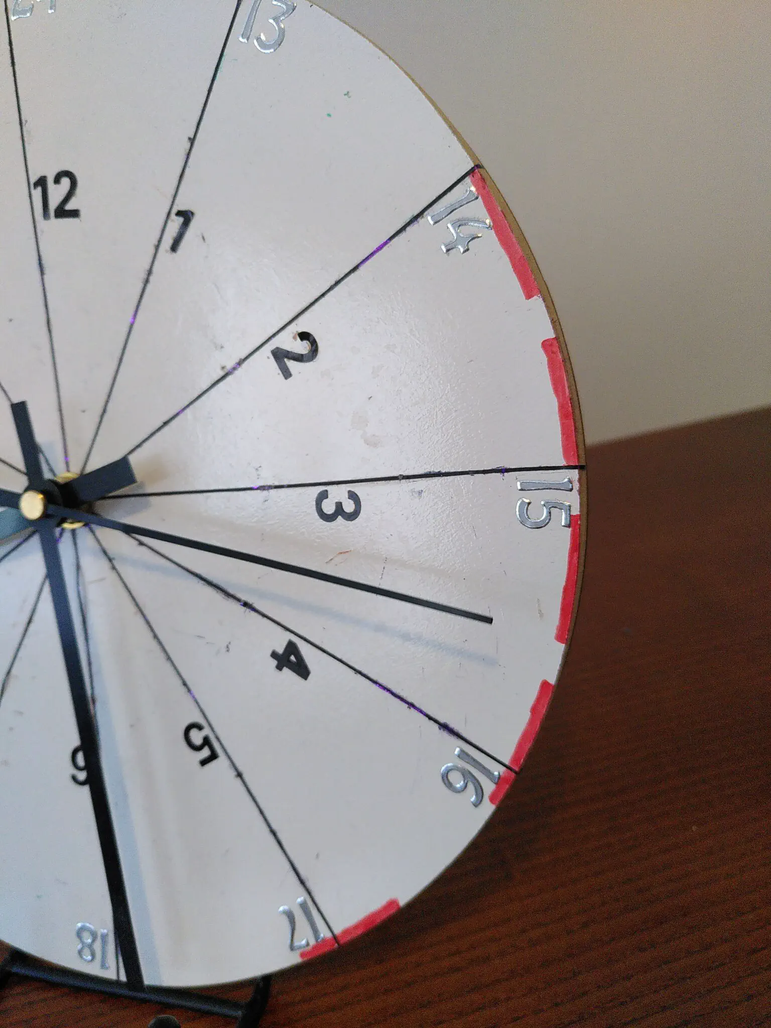 Clock face with intermittent red marks drawn on it
