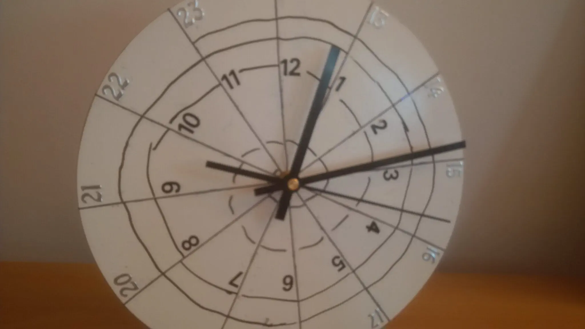 Clock face with spiral drawn on it